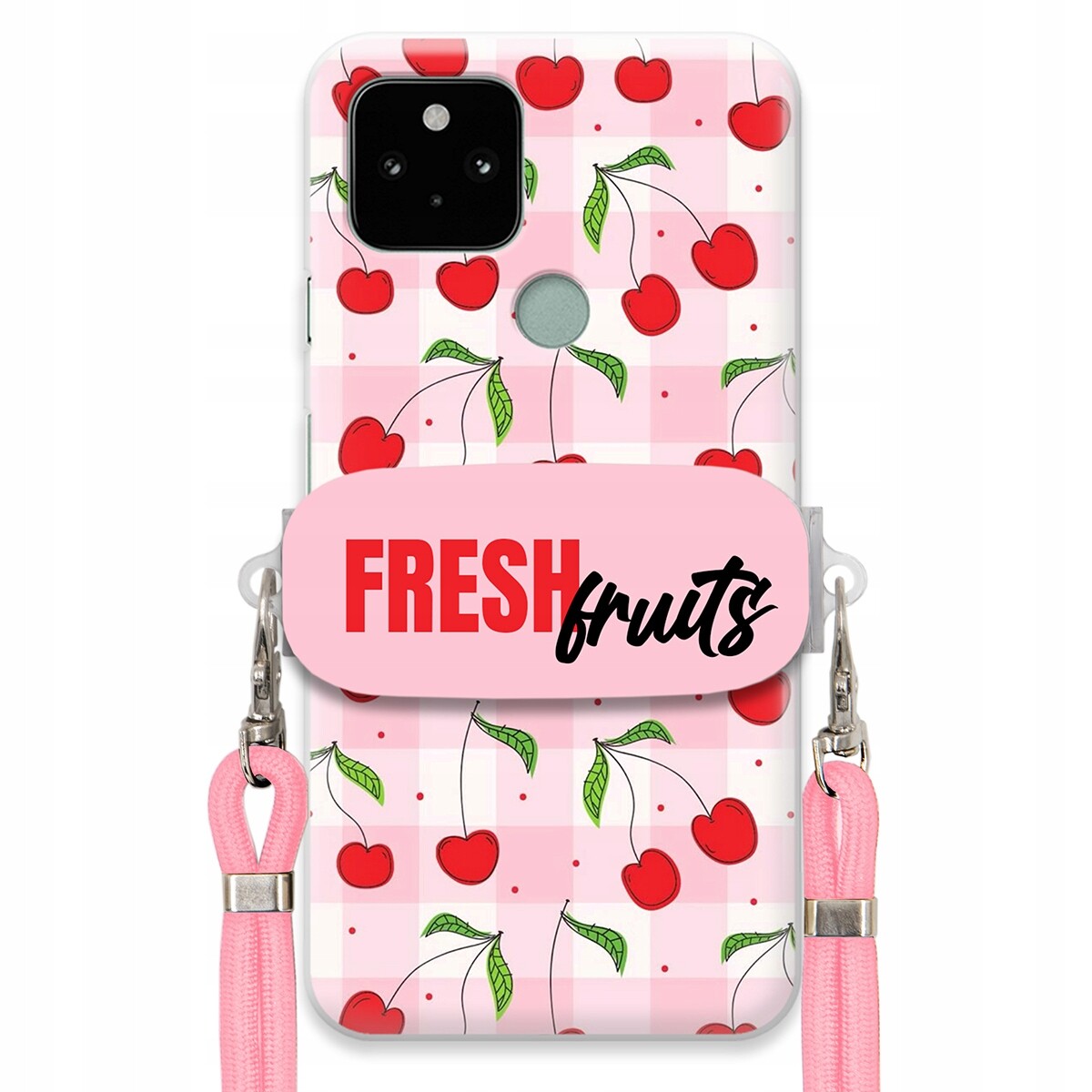 Pouzdro pro Google Pixel 5A Case Držák Šňůrka Růžová Fresh Fruits Mřížka