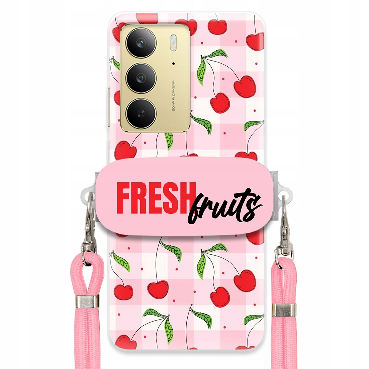 Pouzdro pro Realme C75 4G Case Držák Šňůrka Růžová Fresh Fruits Mřížka