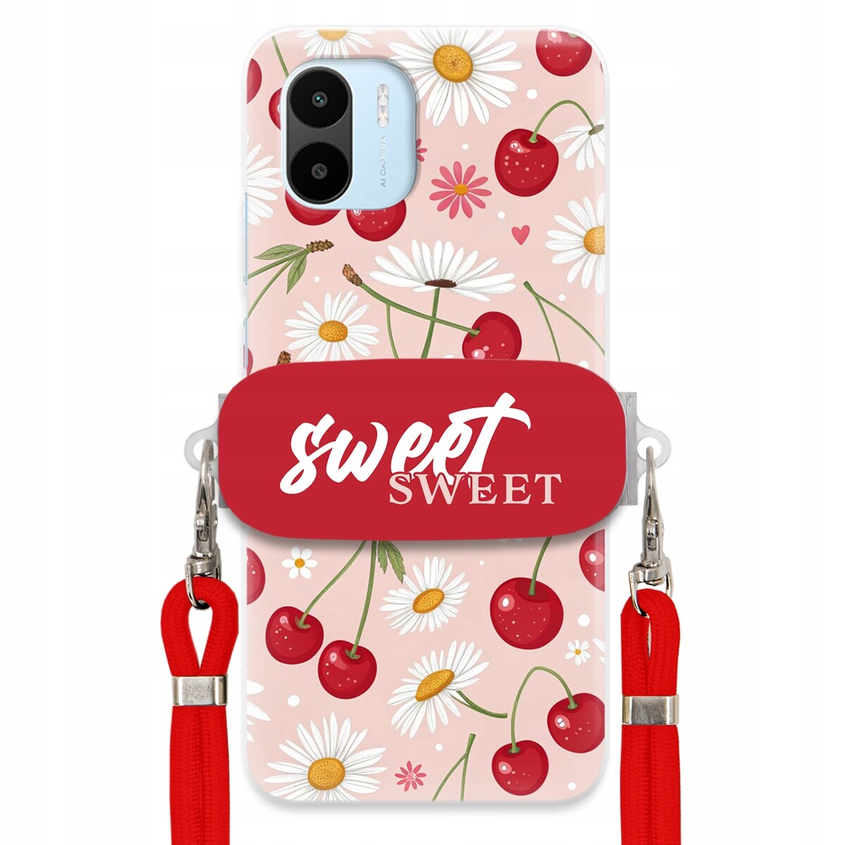 Pouzdro pro Xiaomi Redmi A1 Červené vodítko držák Crossbody Sweet Višňový Květ