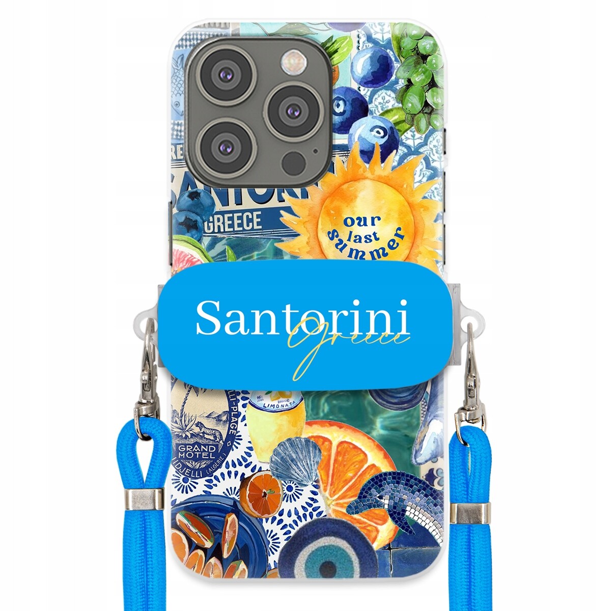 Pouzdro pro iPhone 15 Pro Modré Crossbody vodítko Držák Santorini Greece