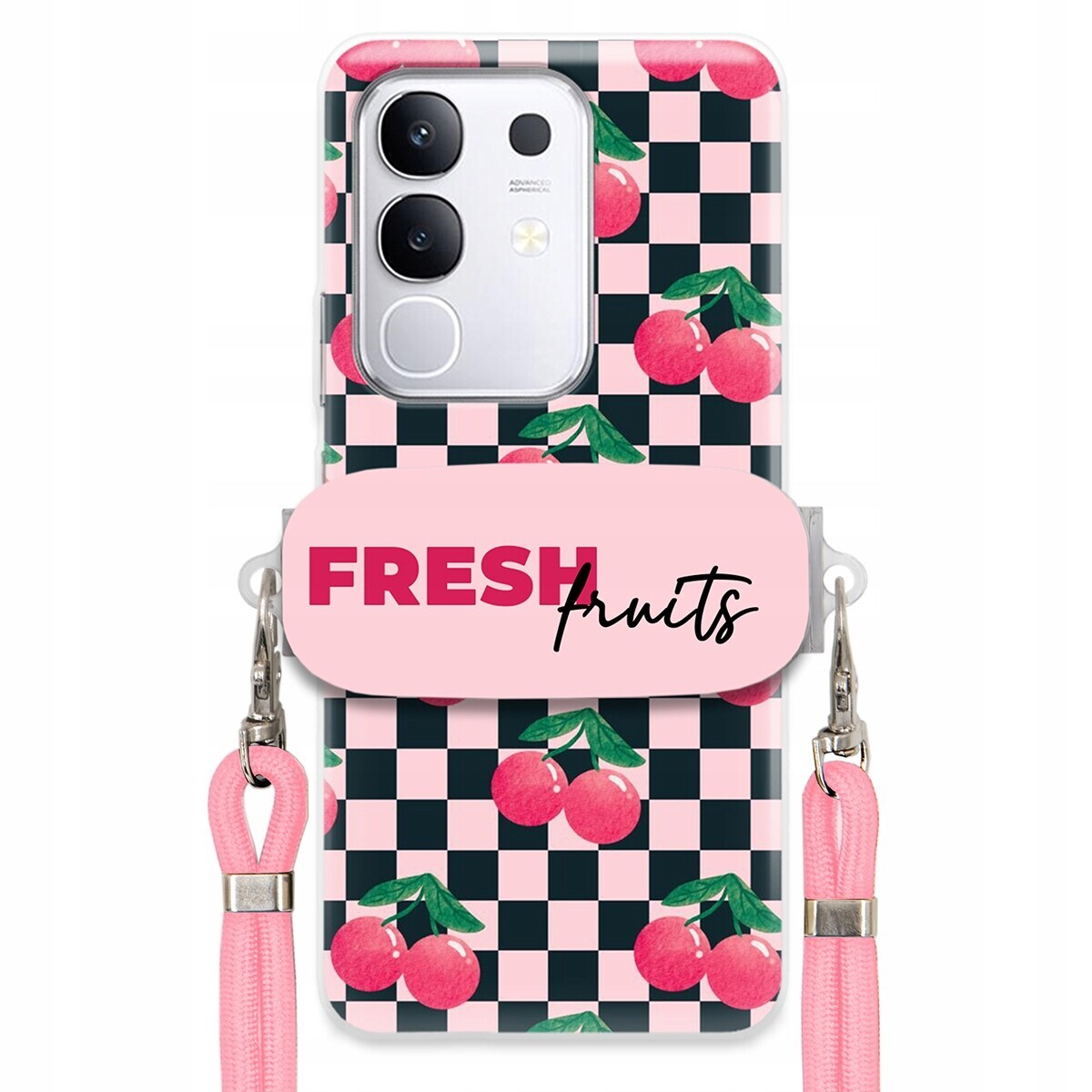pouzdro na Vivo Y29 4G Vodítko Pink Crossbody Držák Šachovnice Fresh Fruits