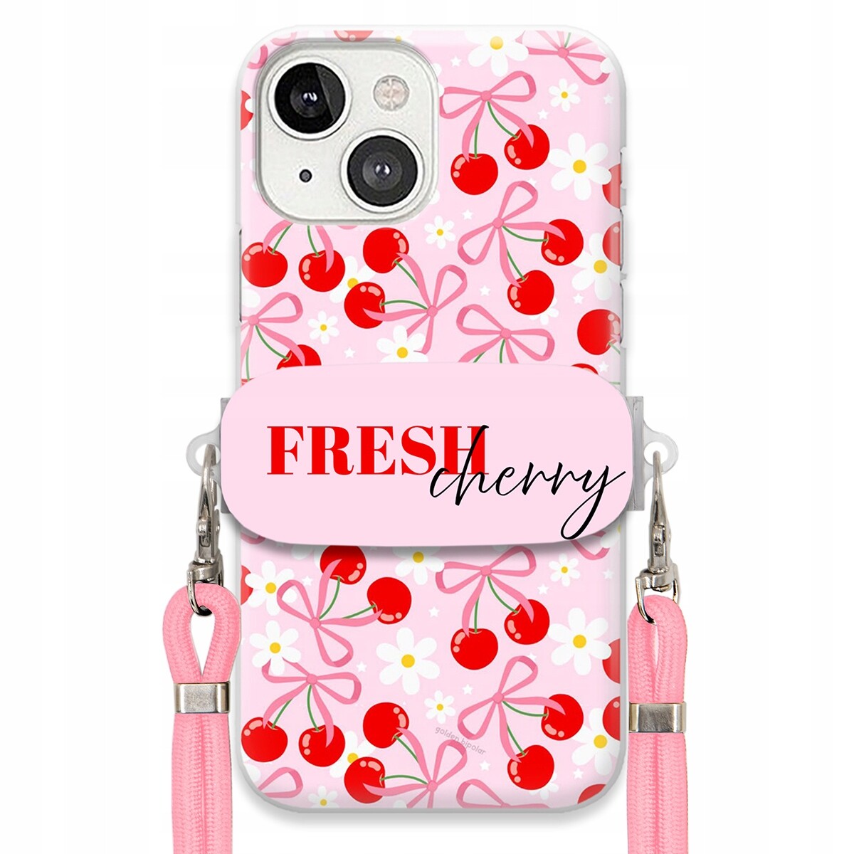 Pouzdro pro iPhone 13 Case Držák Šňůrka Růžová Cherry Třešničky Mašličky