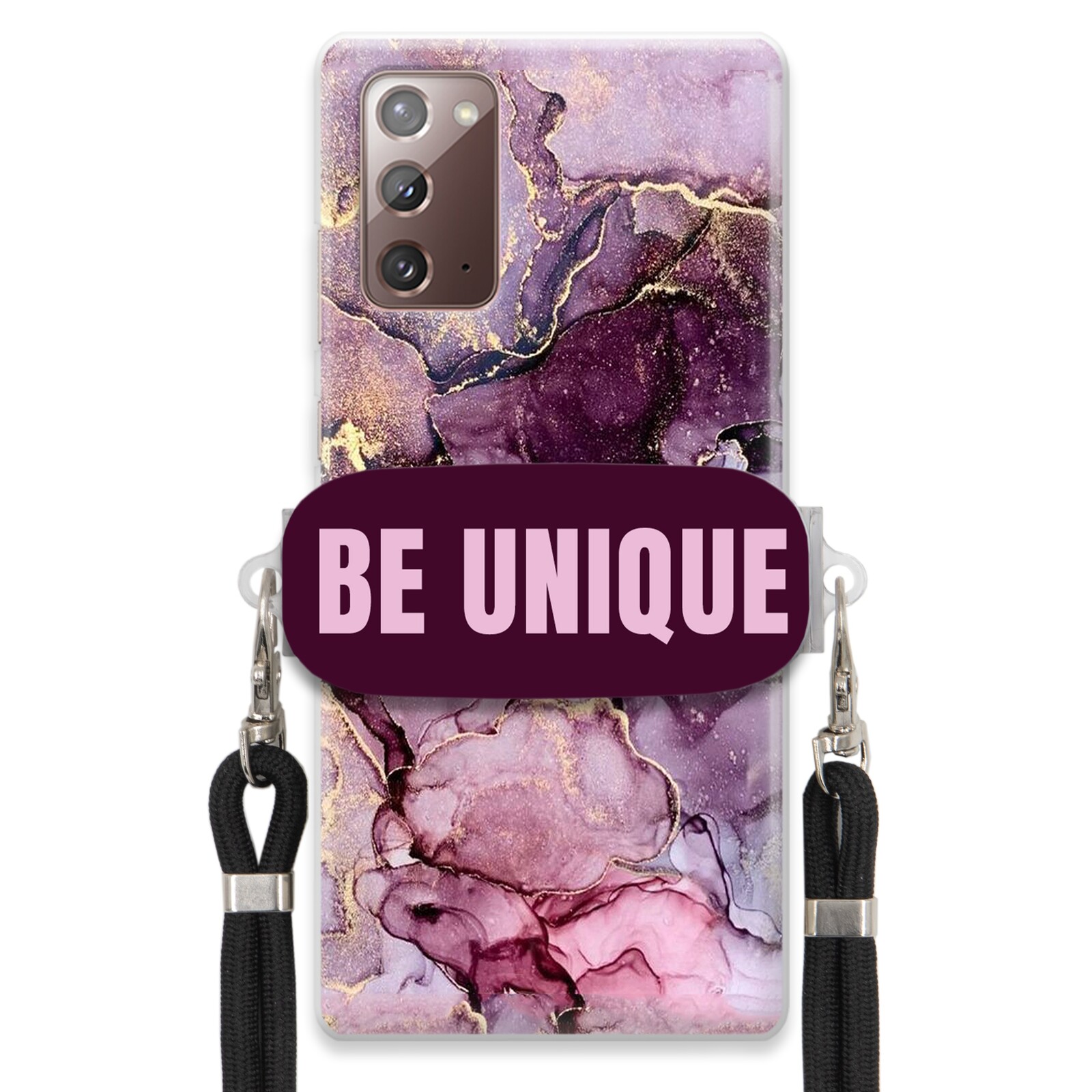Pouzdro pro Samsung Note 20 úchytka na šňůrku Černá Fialová Mramor Be Unique