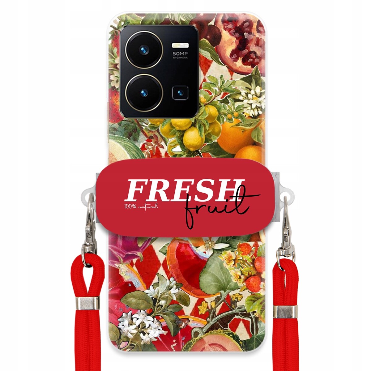 pouzdro na Vivo Y35 4G Červené Crossbody vodítko Držák Fresh Fruit Ovocné