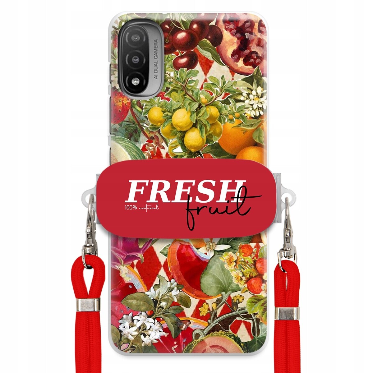 Pouzdro pro Motorola E20 Červené Crossbody vodítko Držák Fresh Fruit Ovocné