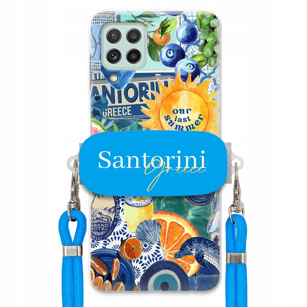 Pouzdro pro Samsung M22 4G Modré Crossbody vodítko držák Santorini Greece