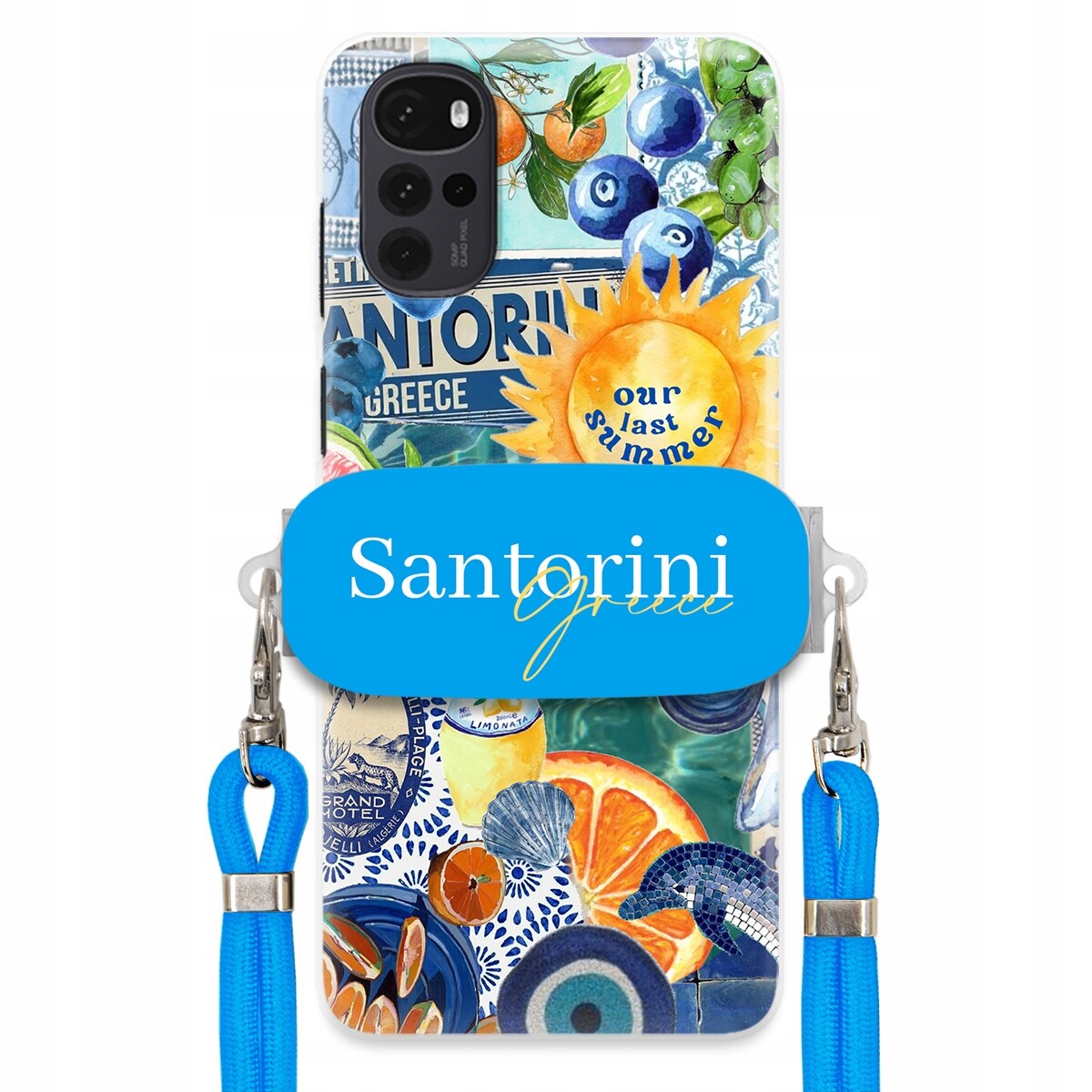 Pouzdro pro Motorola G22 4G Modré Crossbody vodítko držák Santorini Greece