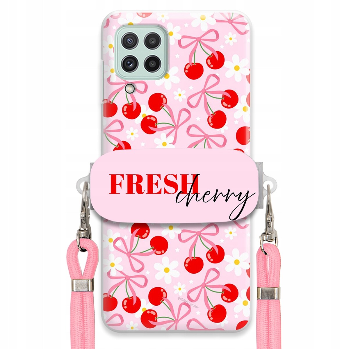Pouzdro pro Samsung A22 5G Case Držák Šňůrka Růžová Fresh Cherry Kokardy