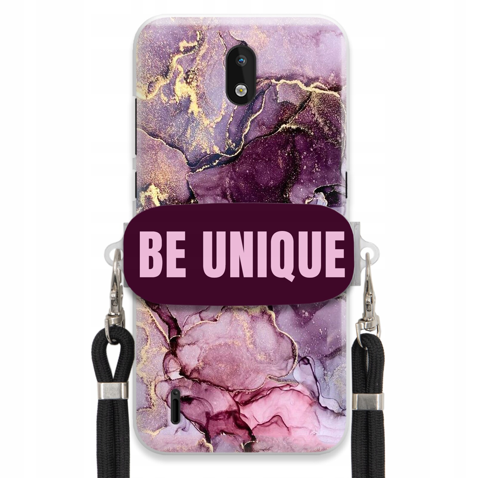 Pouzdro pro Nokia 1.3 úchytka na šňůrku, černý fialový mramor