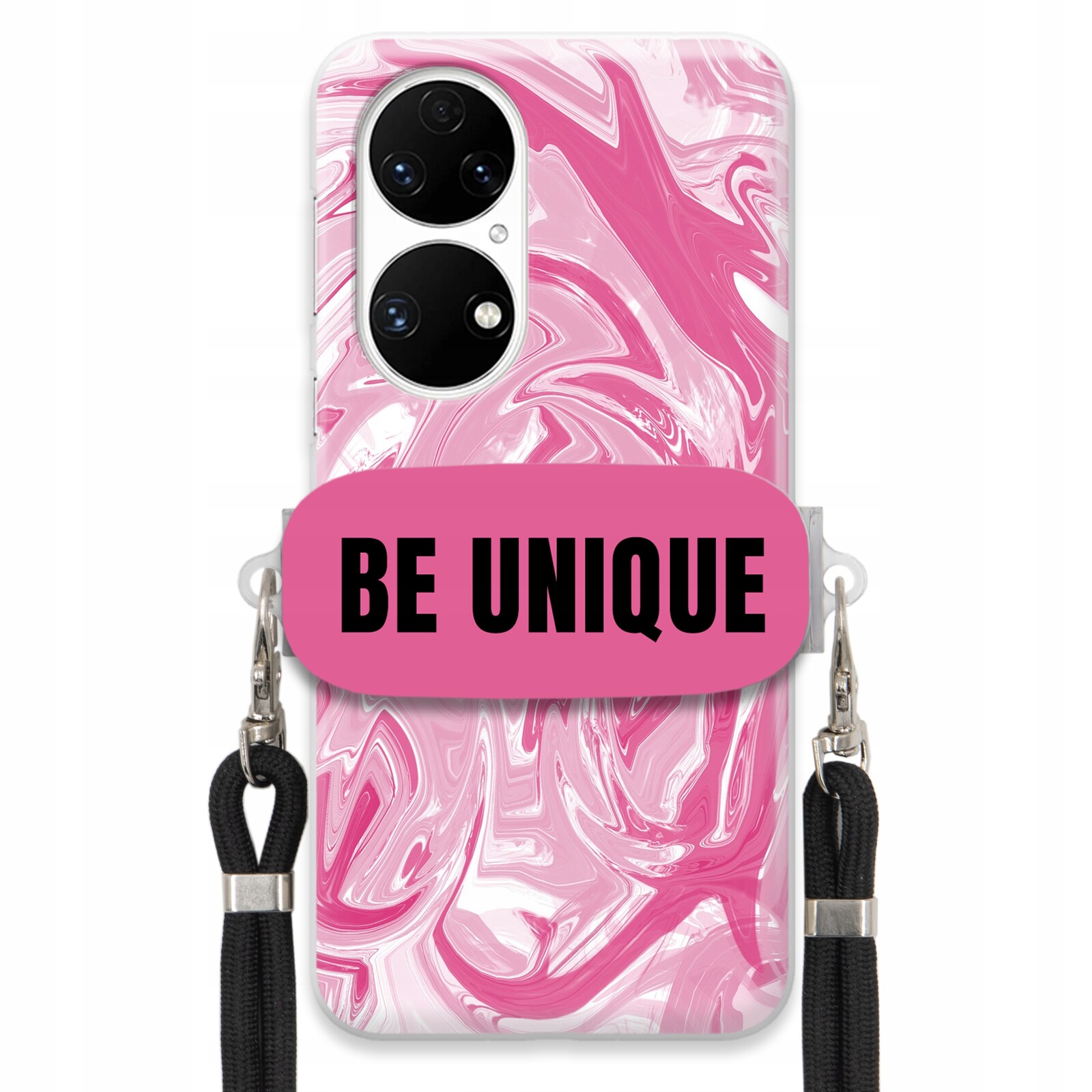 Pouzdro pro Huawei P50 úchyt šňůrka Černý Růžový Mramor Be Unique