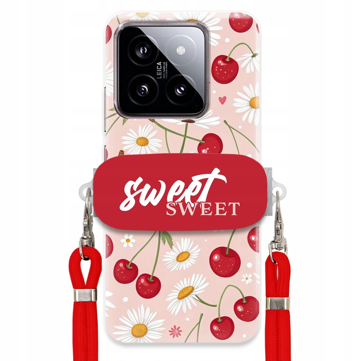 Pouzdro pro Xiaomi 14 Červené vodítko držák Sweet Sweet Višeň a sedmikráska