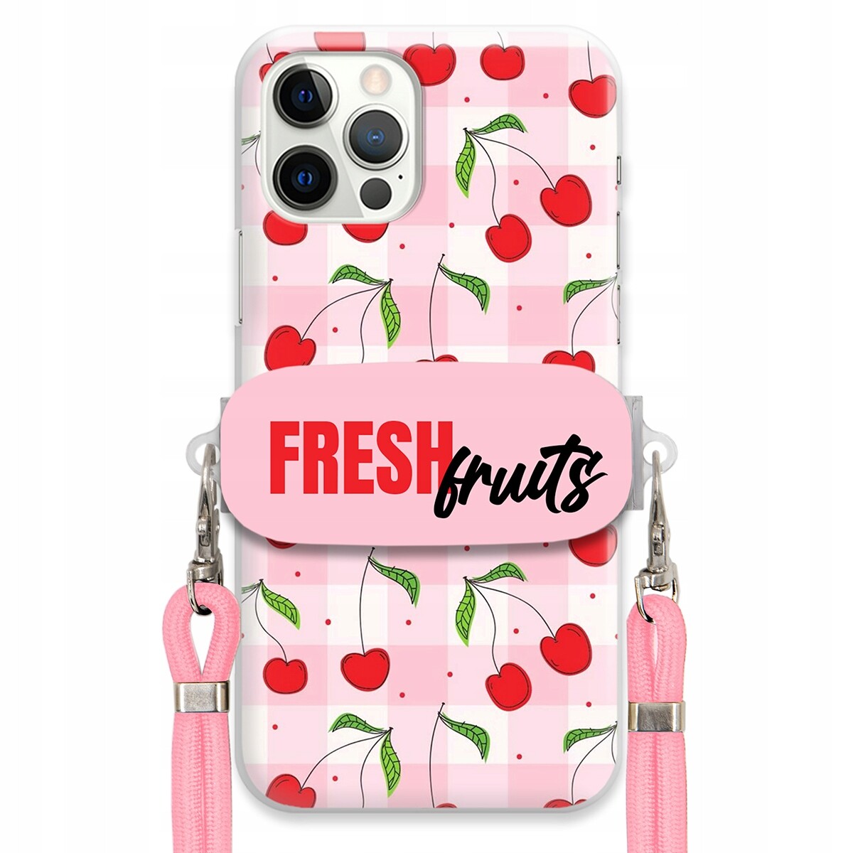 Pouzdro pro iPhone 12 Pro Case Držák Šňůrka Růžová Fresh Fruits Mřížka