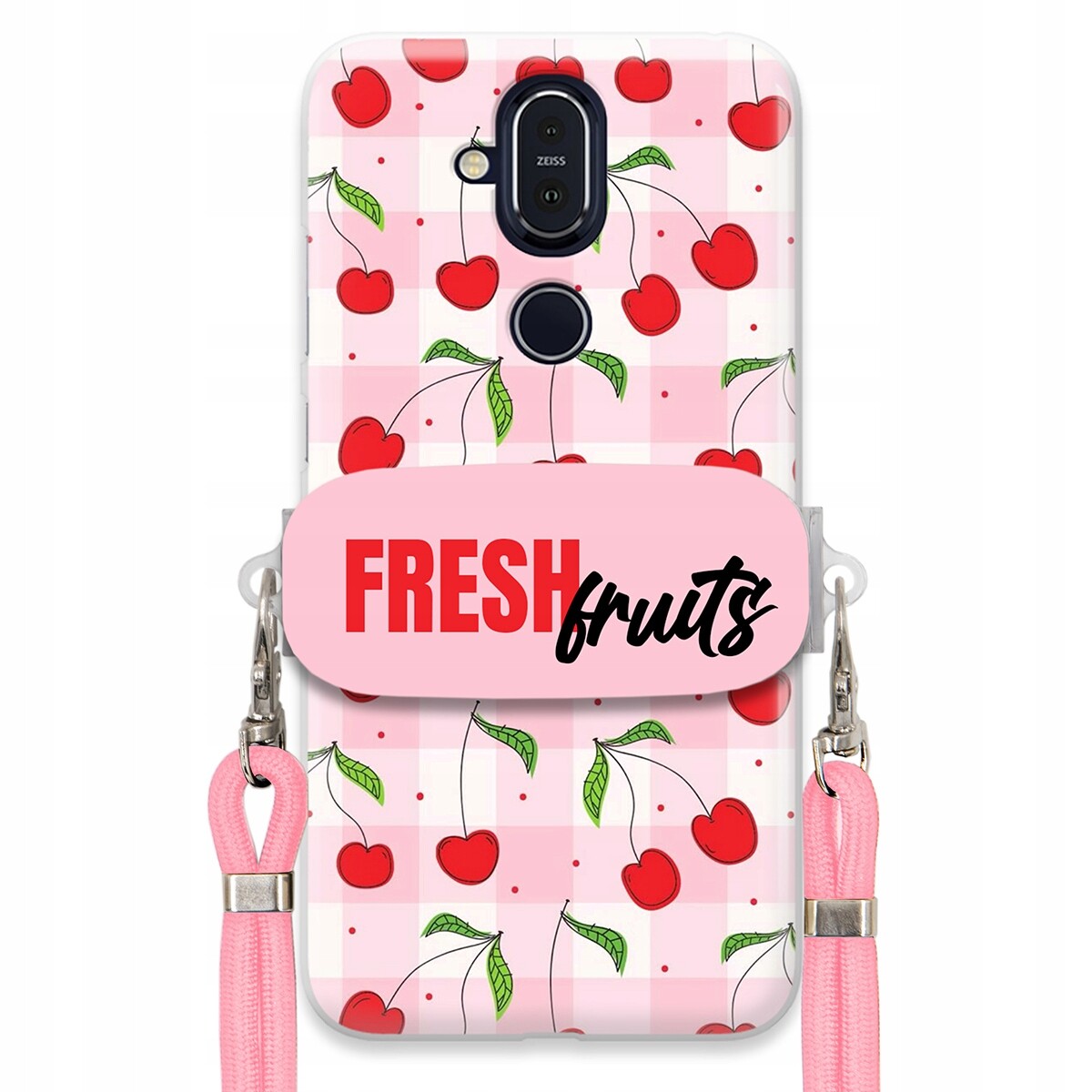 Pouzdro pro Nokia 8.1 Case Držák Šňůrka Růžová Fresh Fruits Mřížka Ovoce