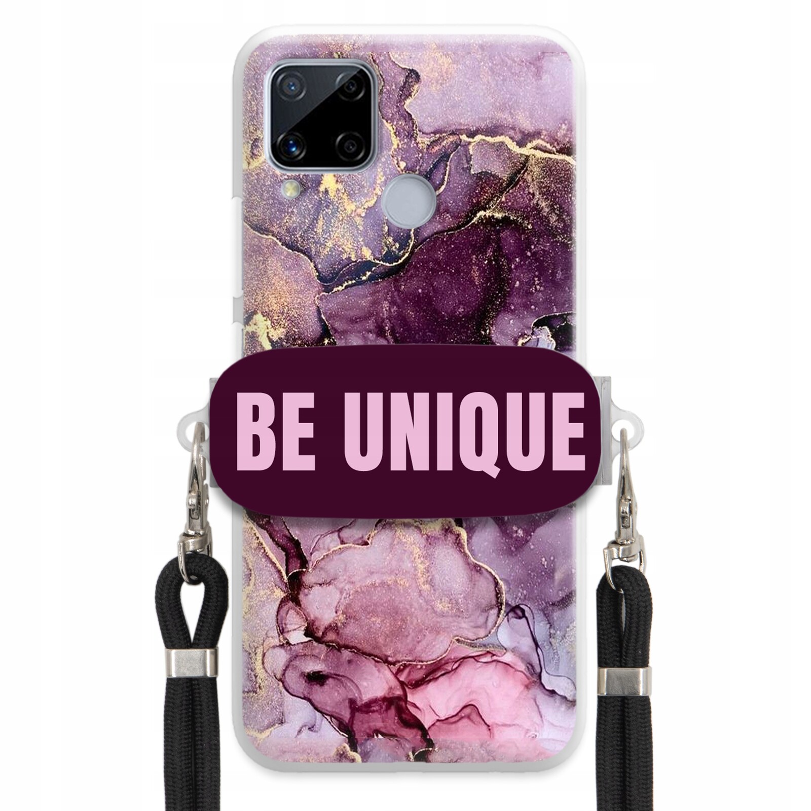 Pouzdro pro Realme C15 Case úchytka na šňůrku, černý fialový mramor