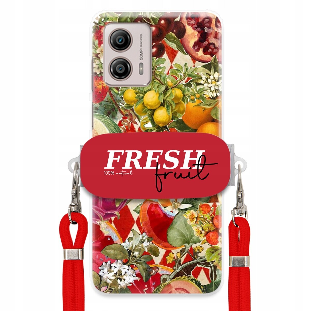 Pouzdro pro Motorola G53 Červené Crossbody vodítko Držák Fresh Fruit Ovocné