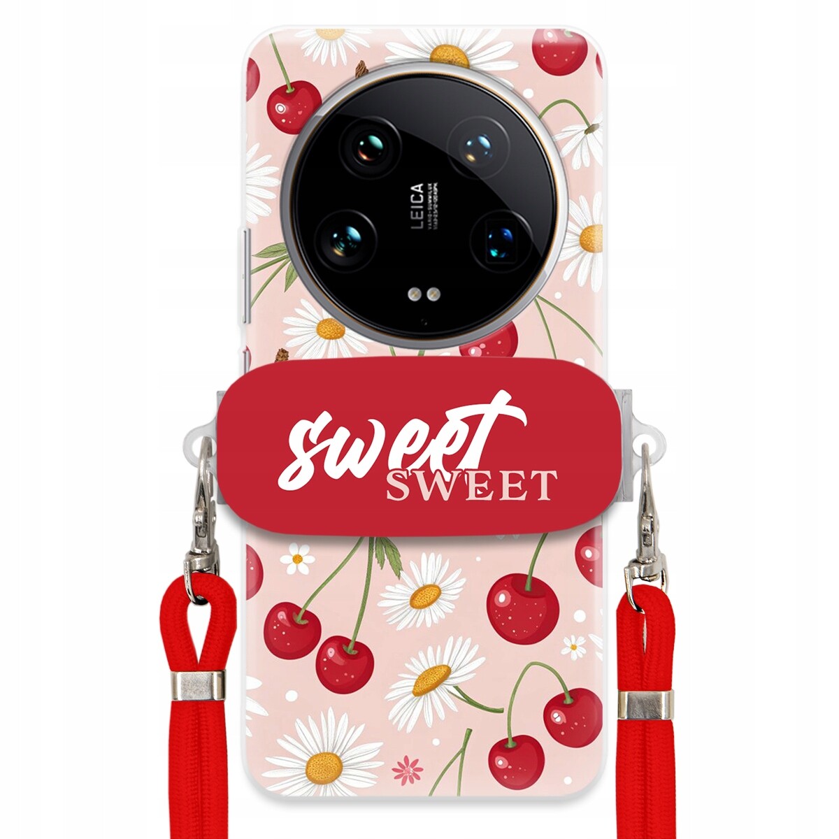 Pouzdro pro Xiaomi 14 Ultra Červené vodítko držák Crossbody Sweet Višňový Květ