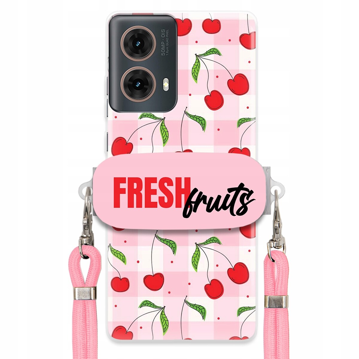 Pouzdro pro Motorola G85 Case Držák Šňůrka Růžová Fresh Fruits Mřížka Ovoce