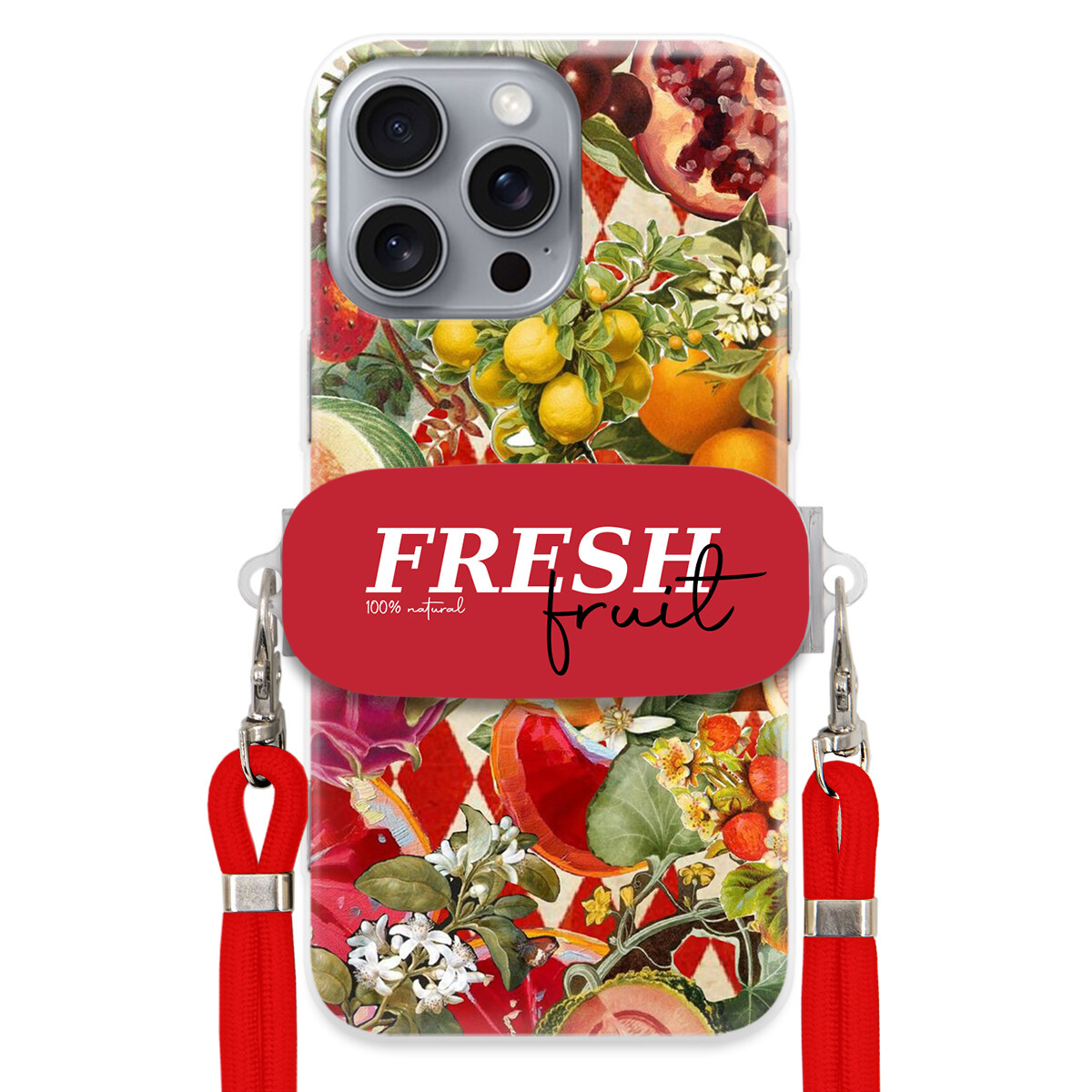 Pouzdro pro iPhone 16 Pro Max Červené vodítko Crossbody Držák Fresh Fruit