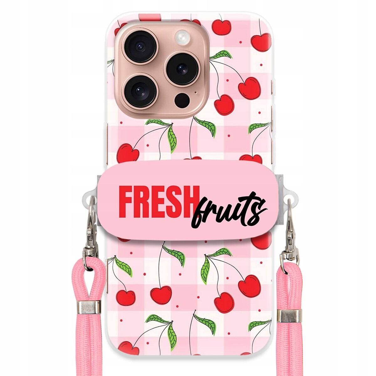 Pouzdro pro iPhone 16 Pro Case Držák Šňůrka Růžová Fresh Fruits Mřížka