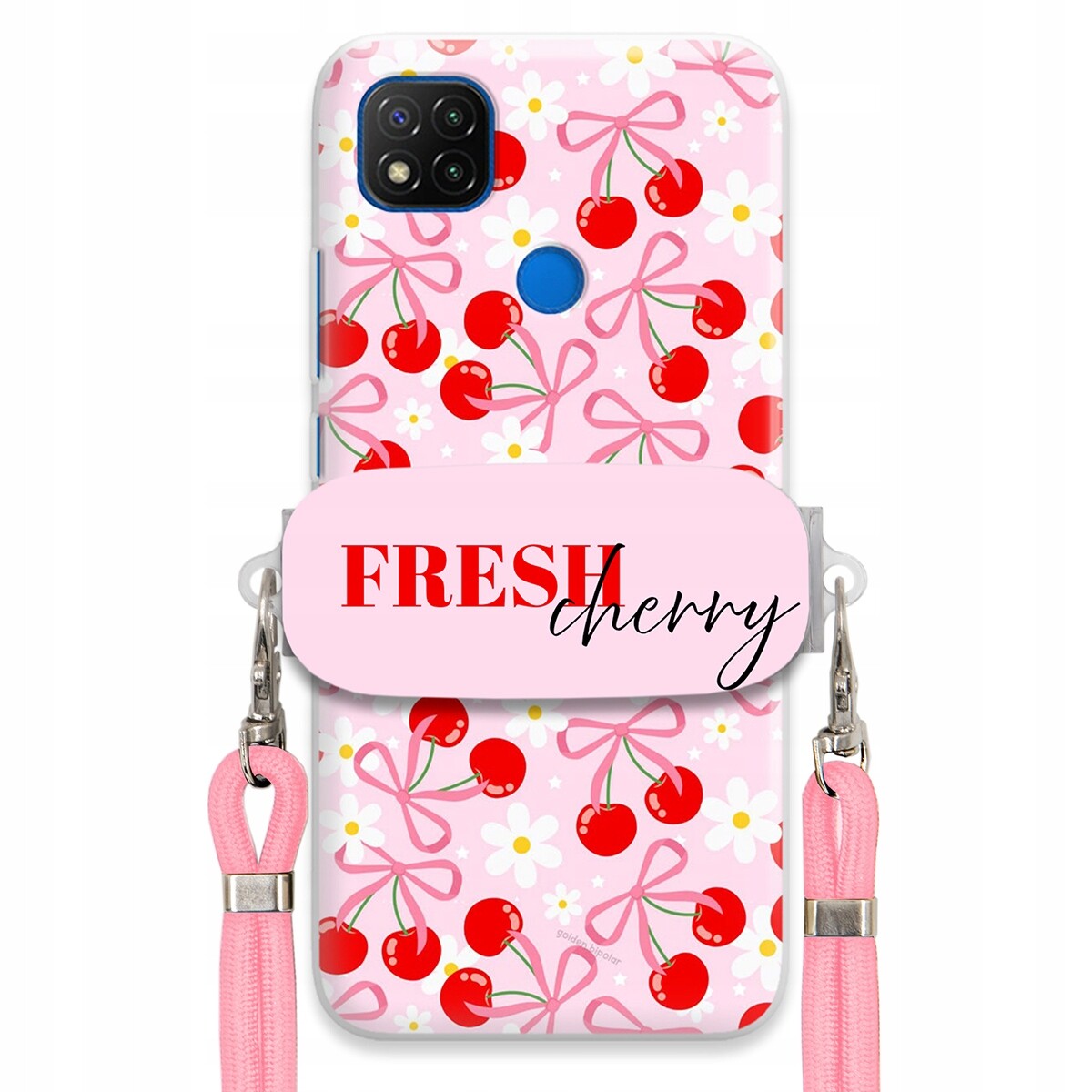 Pouzdro pro Xiaomi Redmi 9C Case Držák Šňůrka Růžová Fresh Cherry Kokardy