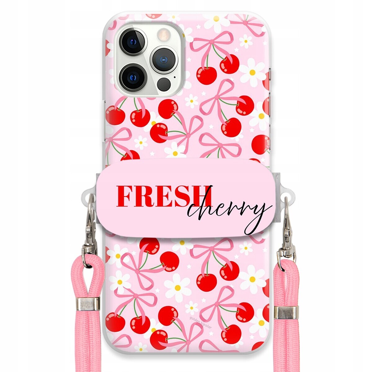 Pouzdro pro iPhone 12 Pro Držák Šňůrka Růžová Fresh Cherry Kokardy