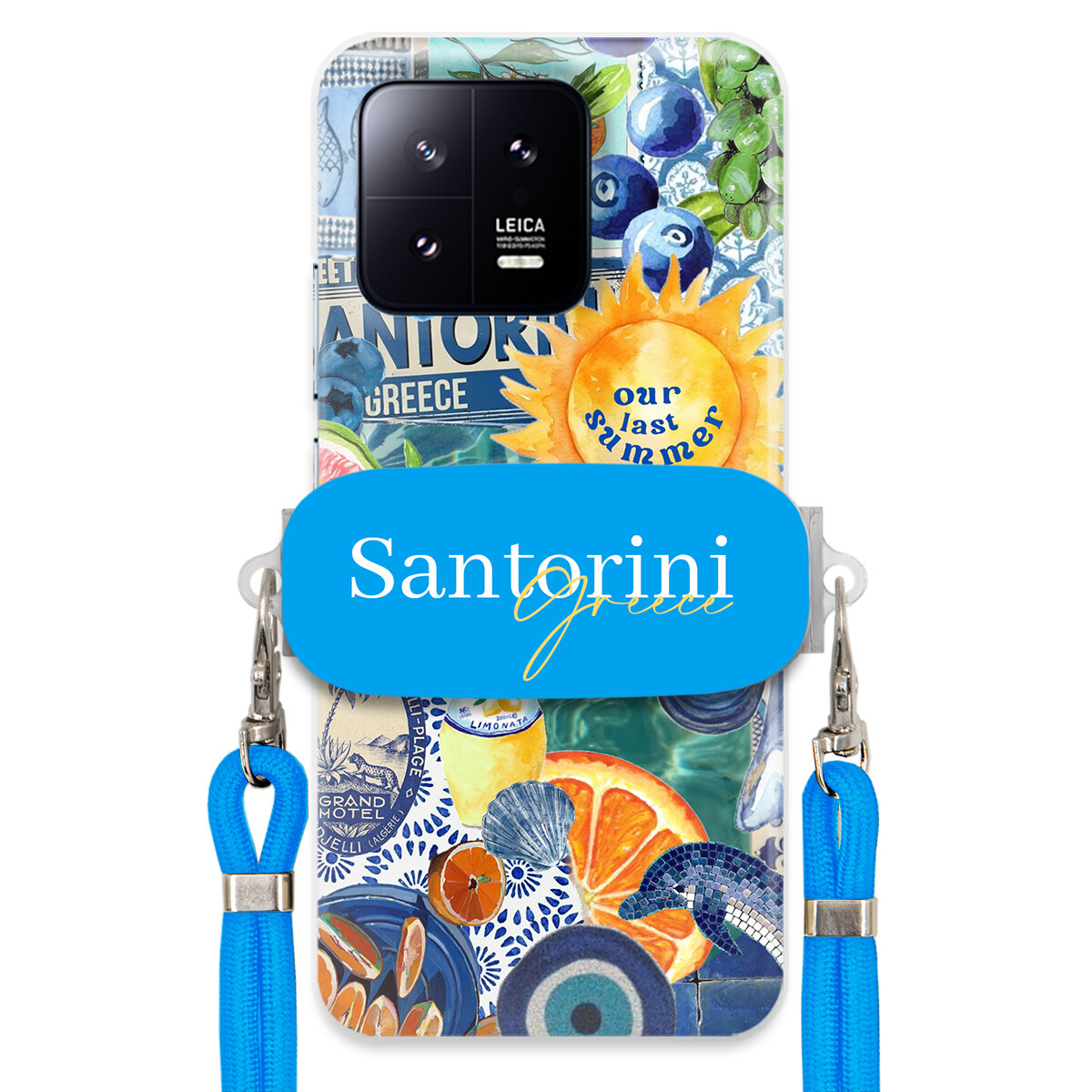 Pouzdro pro Xiaomi 13 Pro Modré Crossbody vodítko držák Santorini Greece