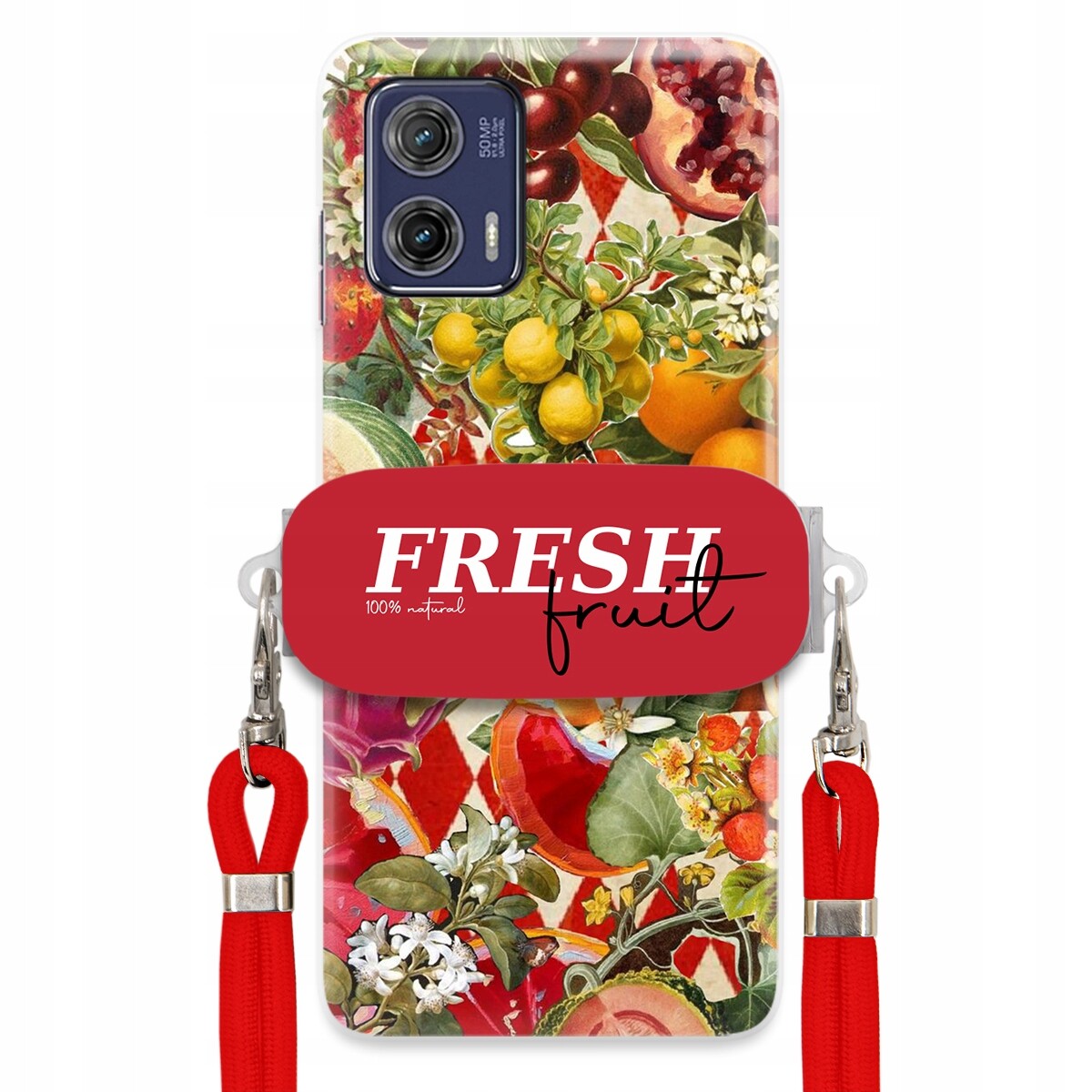 Pouzdro pro Motorola G73 Červené Crossbody vodítko Držák Fresh Fruit Ovocné
