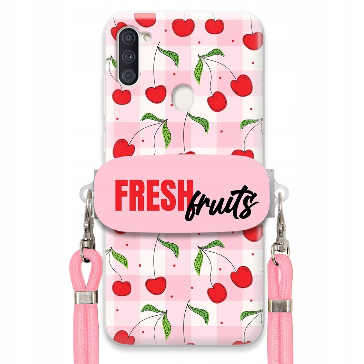 Pouzdro pro Samsung A11 Case Držák Šňůrka Růžová Fresh Fruits Mřížka Ovoce