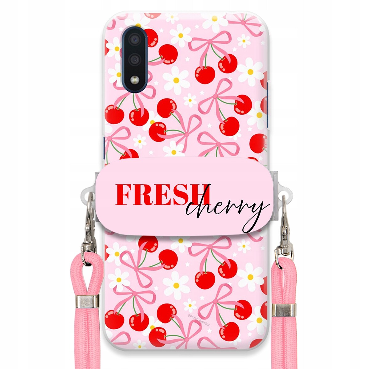 Pouzdro pro Samsung A01 Case Držák Šňůrka Růžová Cherry Třešničky Mašličky