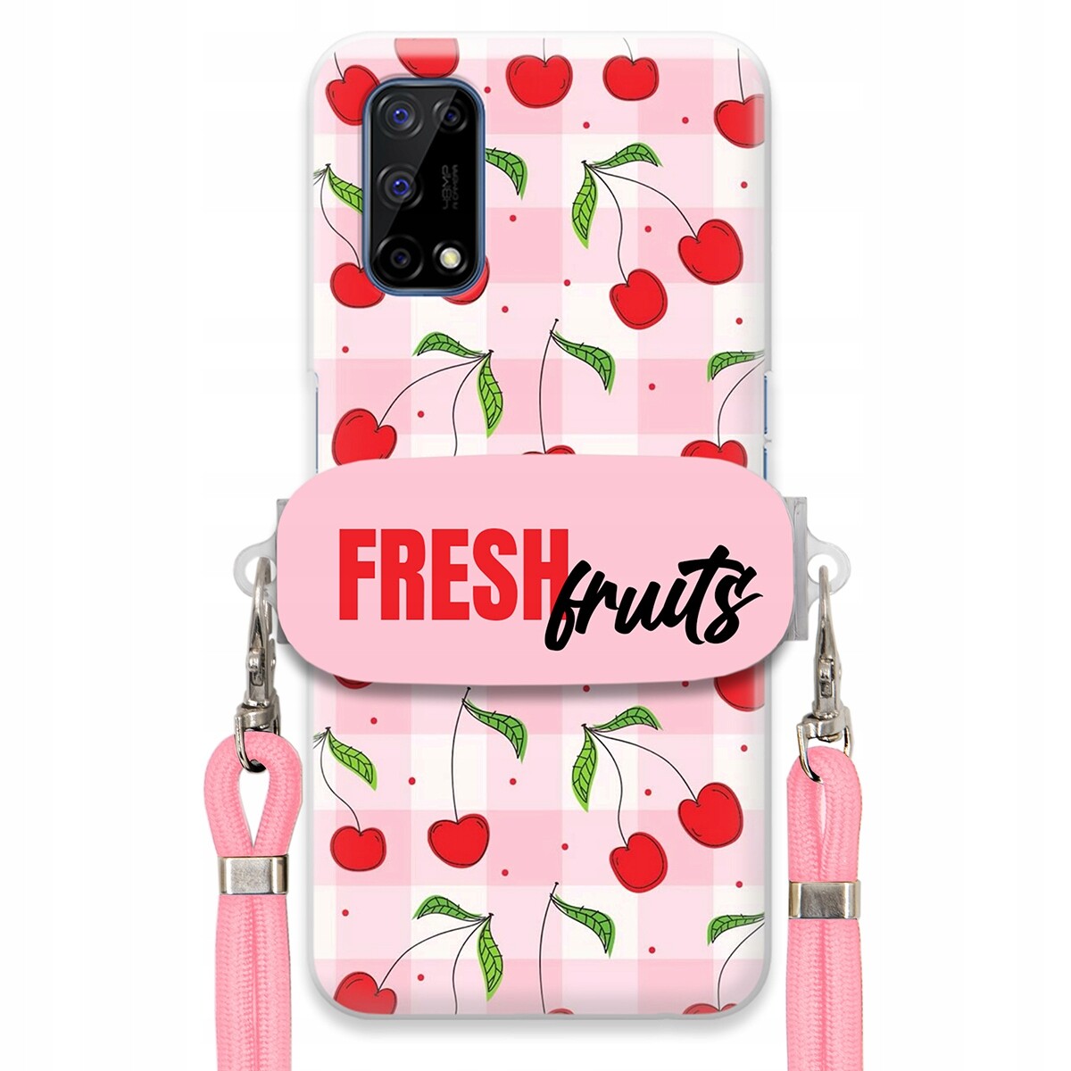 Pouzdro pro Realme 7 5G Case Držák Šňůrka Růžová Fruits Mřížka Ovoce