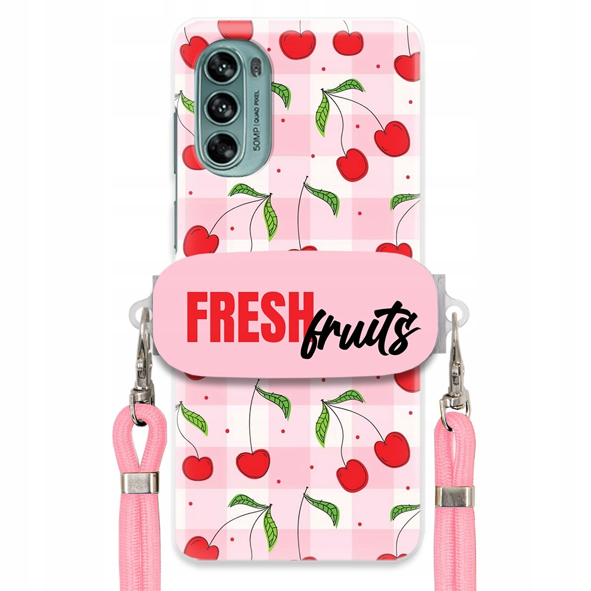 Pouzdro pro Motorola G62 5G Case Držák Šňůrka Růžová Fresh Fruits Mřížka