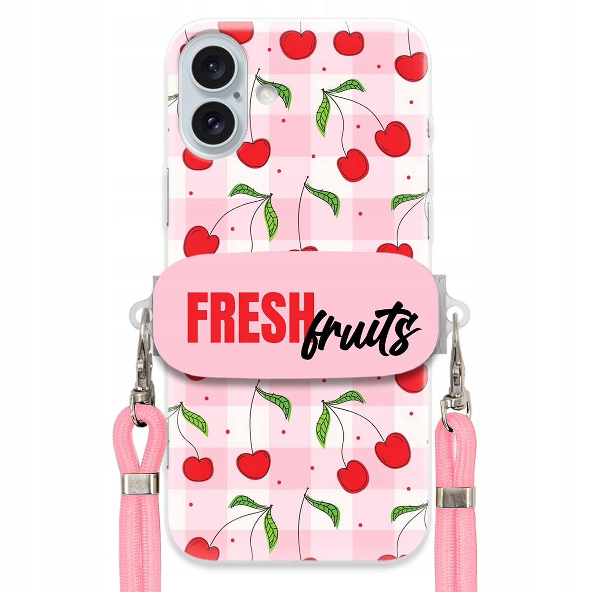 Pouzdro pro iPhone 16 Plus Case Držák Šňůrka Růžová Fresh Fruits Mřížka