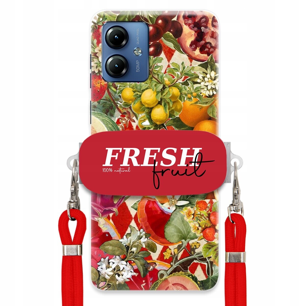 Pouzdro pro Motorola G14 Červené Crossbody vodítko Držák Fresh Fruit Ovocné