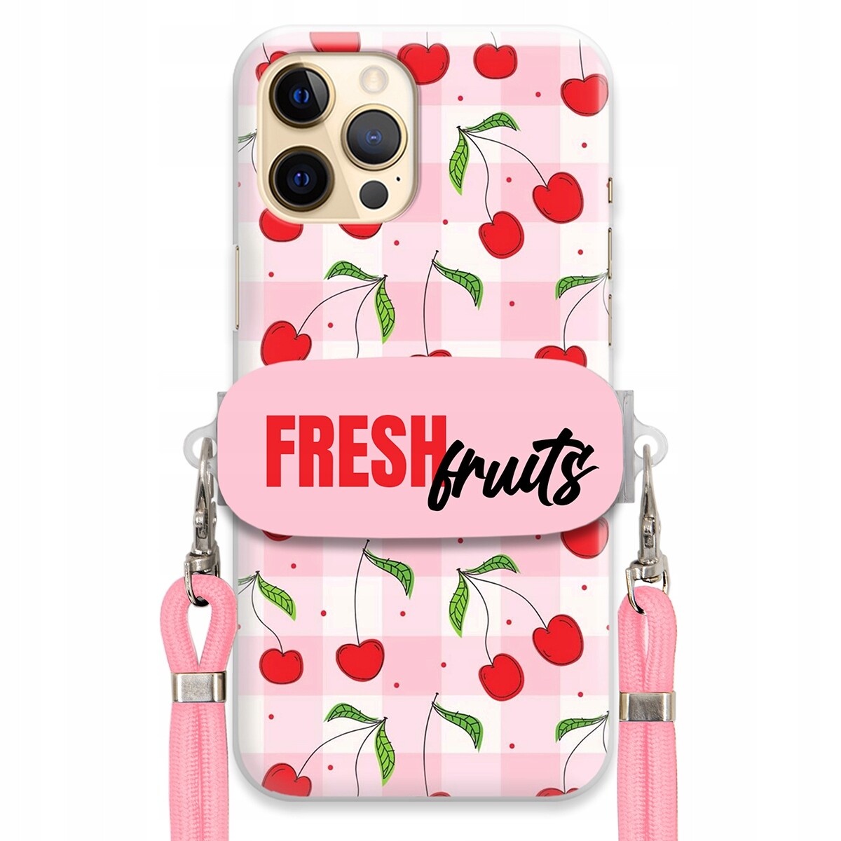 Pouzdro pro iPhone 12 Pro Max Držák Šňůrka Růžová Fresh Fruits Mřížka