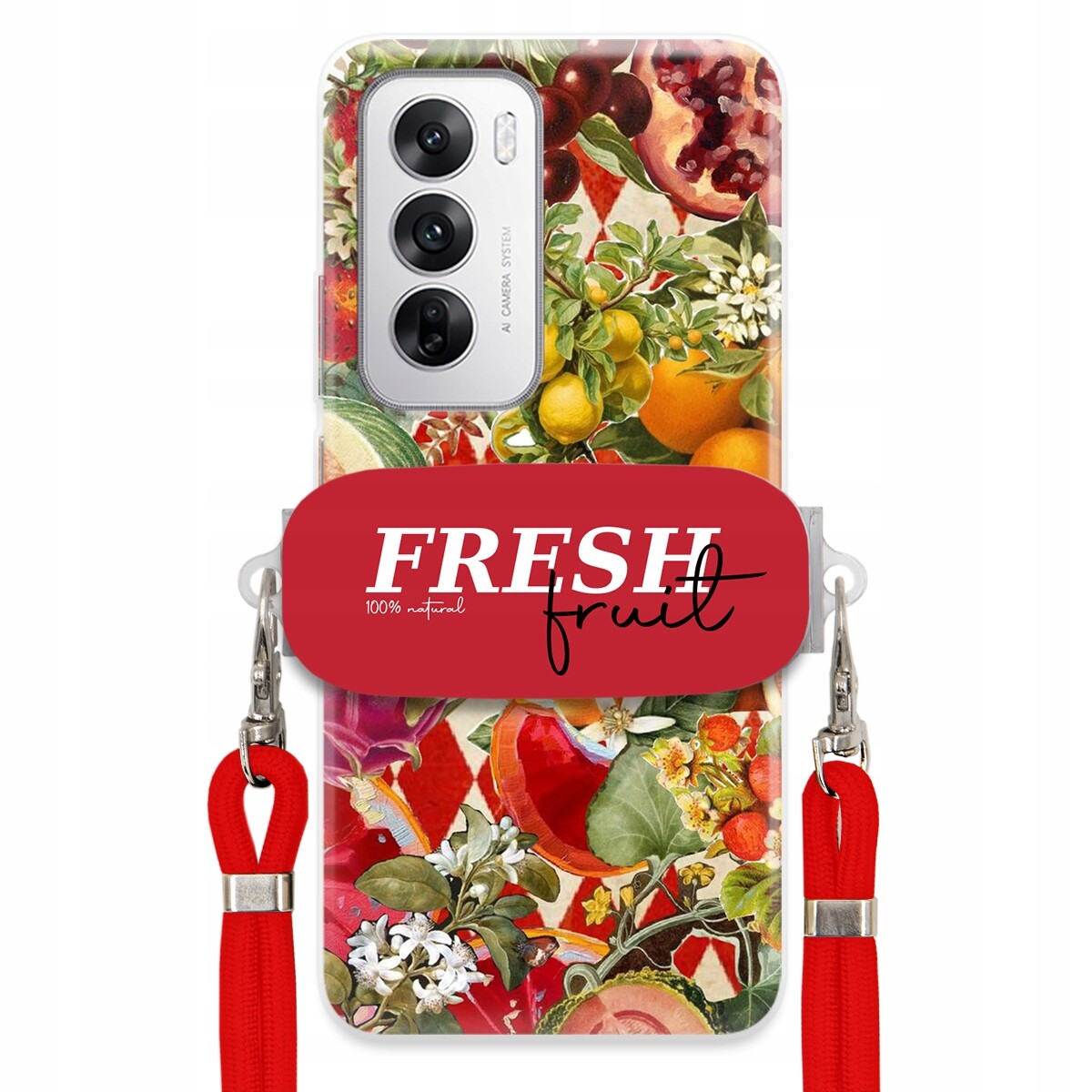 Pouzdro pro Oppo Reno 12 5G Červené vodítko Crossbody Držák Fresh Fruit Ovoce