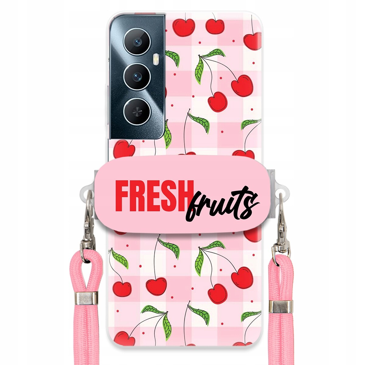 Pouzdro pro Realme C65 4G Case Držák Šňůrka Růžová Fresh Fruits Mřížka