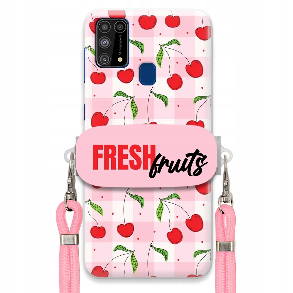 Pouzdro pro Samsung M31 Case Držák Šňůrka Růžová Fresh Fruits Mřížka Ovoce
