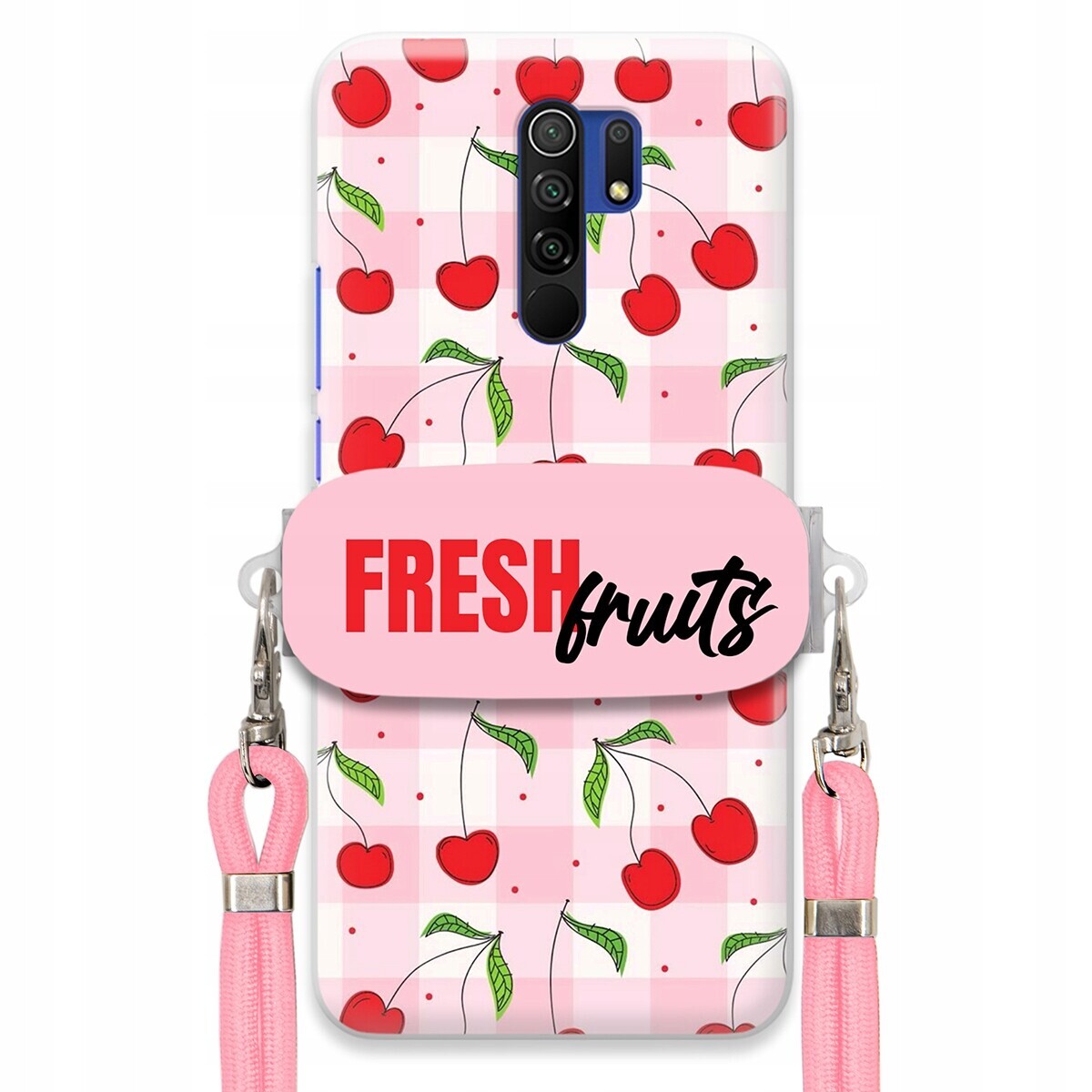 Pouzdro pro Xiaomi Redmi 9 Držák Šňůrka Růžová Fresh Fruits Mřížka