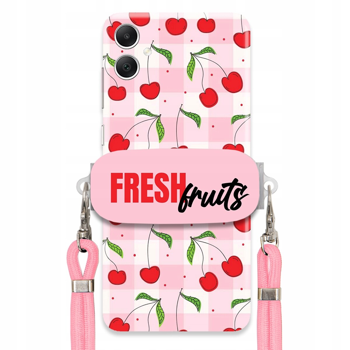 Pouzdro pro Samsung A05 Case Držák Šňůrka Růžová Fresh Fruits Mřížka Ovoce