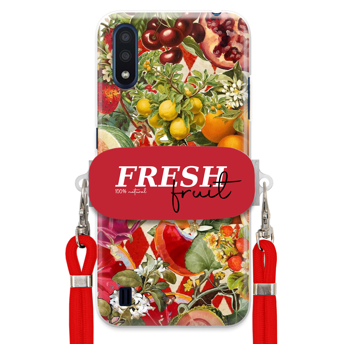 Pouzdro pro Samsung M01 Červené Crossbody vodítko Držák Fresh Fruit Ovocné