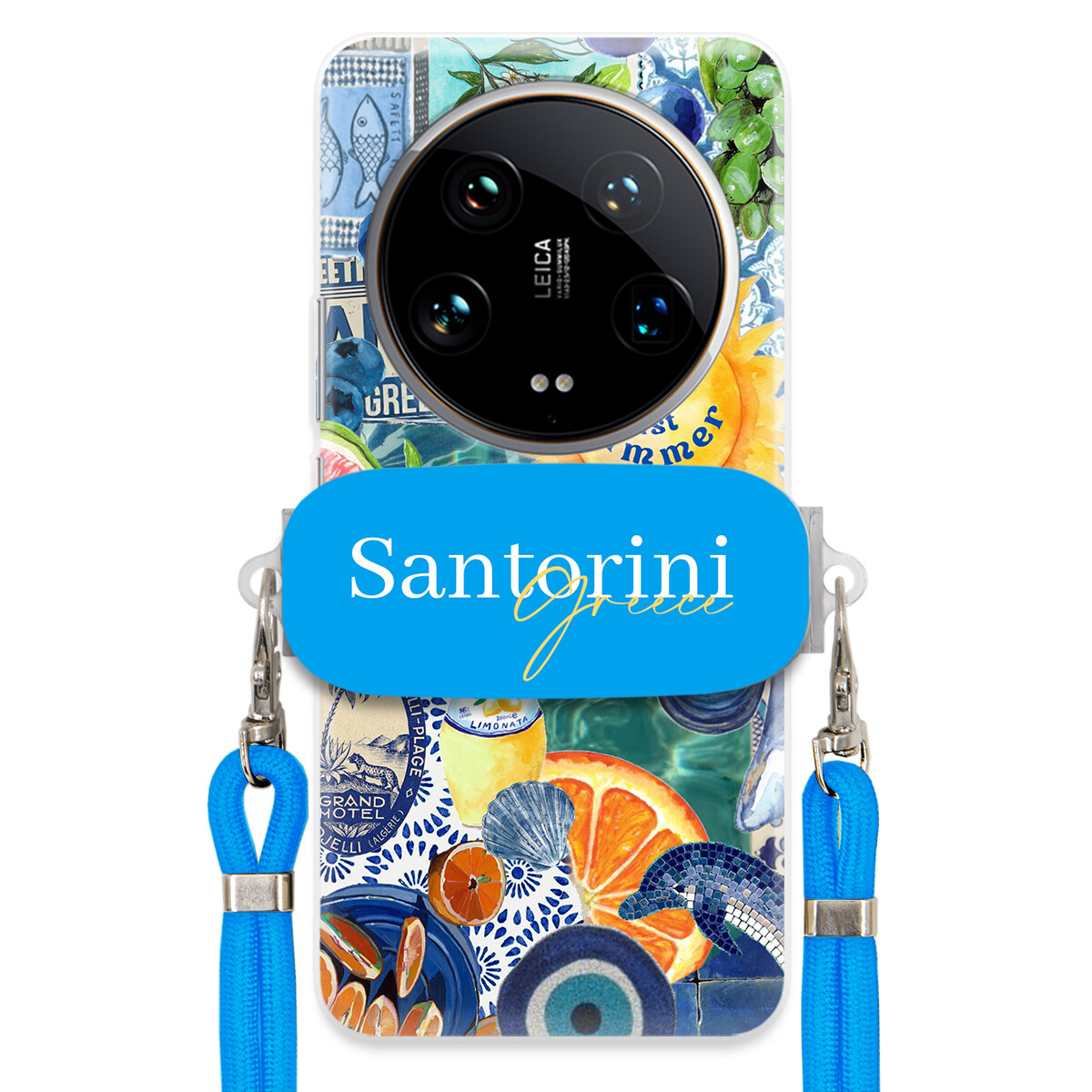 Pouzdro pro Xiaomi 14 Ultra Modré Crossbody vodítko držák Santorini Greece