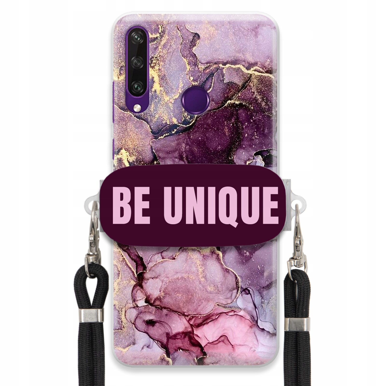 Pouzdro pro Huawei Y6P úchytka na šňůrku, černá fialová, mramorovaná