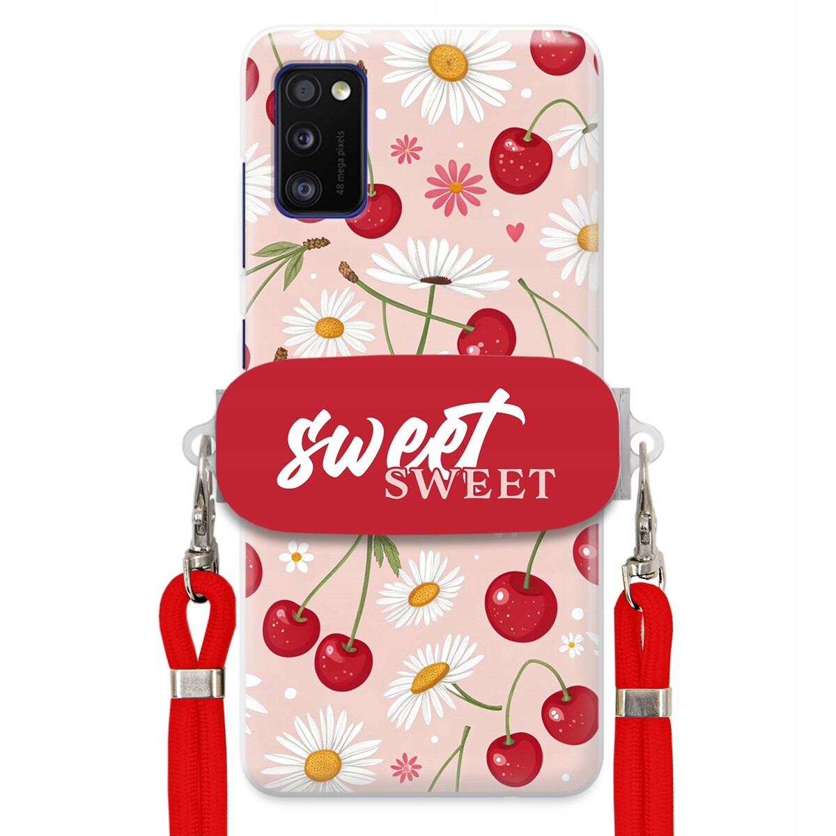Pouzdro pro Samsung A41 Červené vodítko držák Sweet Sweet Višeň a sedmikráska