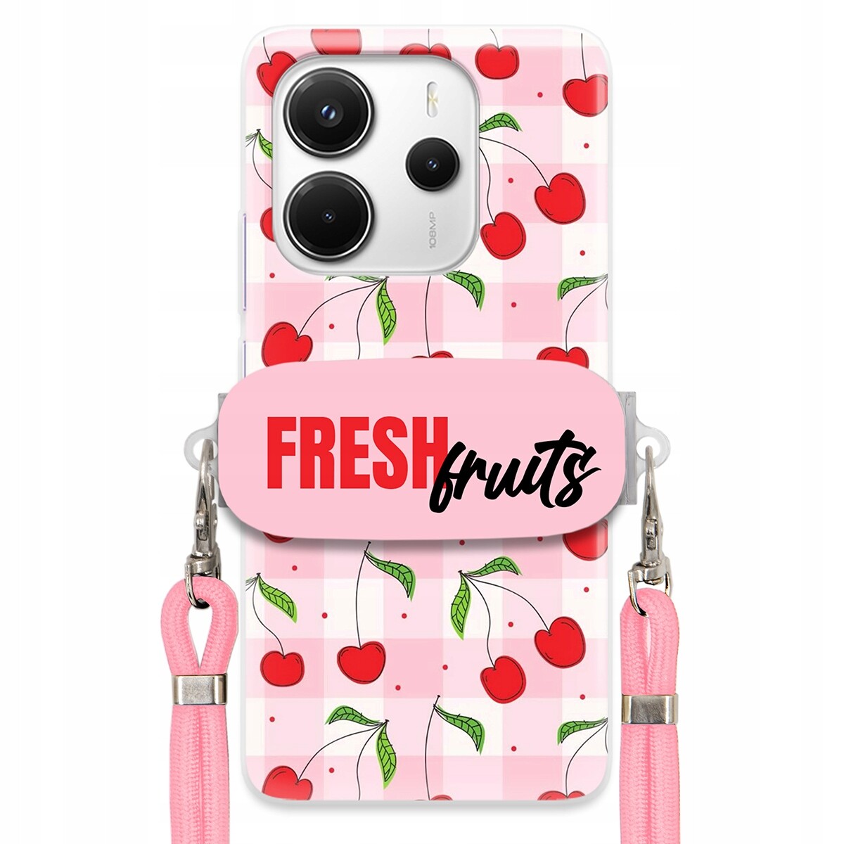 Pouzdro pro Xiaomi Redmi Note 14 4G Držák Šňůrka Růžová Fresh Fruits Mřížka