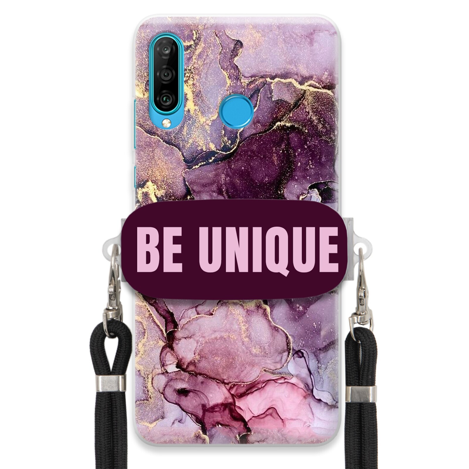 Pouzdro pro Huawei P30 Lite úchytka pro šňůrku Černá Fialová Mramor Be Unique