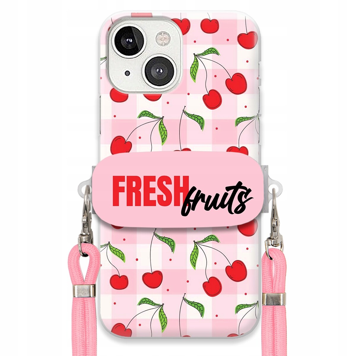 Pouzdro pro iPhone 13 Case Držák Šňůrka Růžová Fresh Fruits Mřížka Ovoce