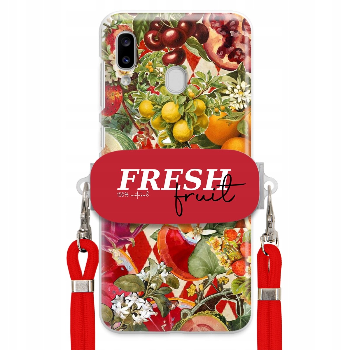 Pouzdro pro Samsung A20e Červené Crossbody vodítko Držák Fresh Fruit Ovocné
