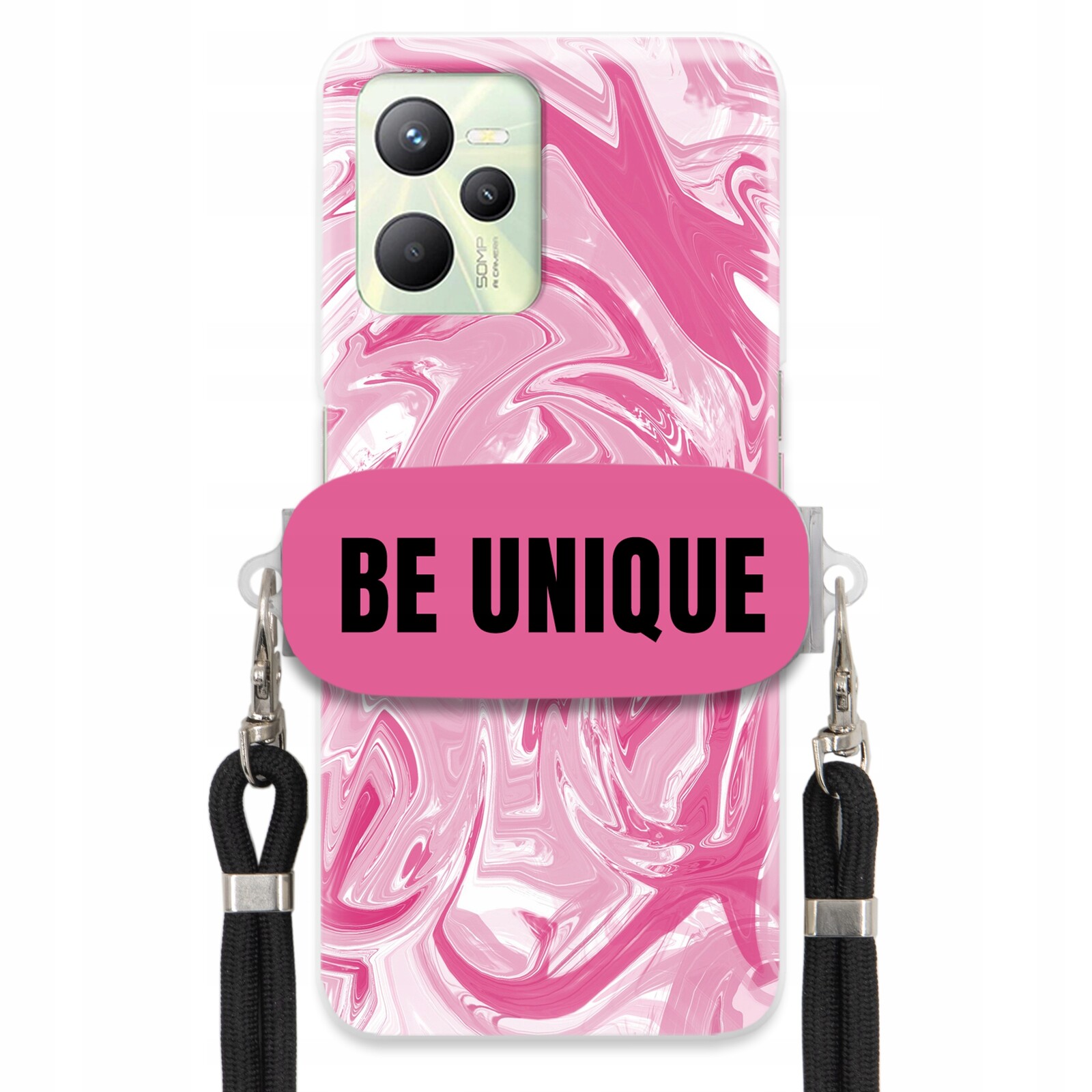 Pouzdro pro Realme C35 Case Uchyt Šňůrka Černý Růžový Mramor Be Unique