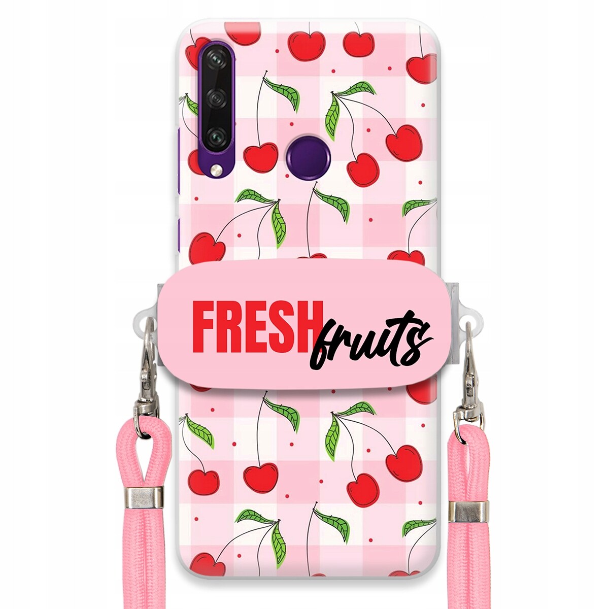 Pouzdro pro Huawei Y6P Case Držák Šňůrka Růžová Fresh Fruits Mřížka Ovoce