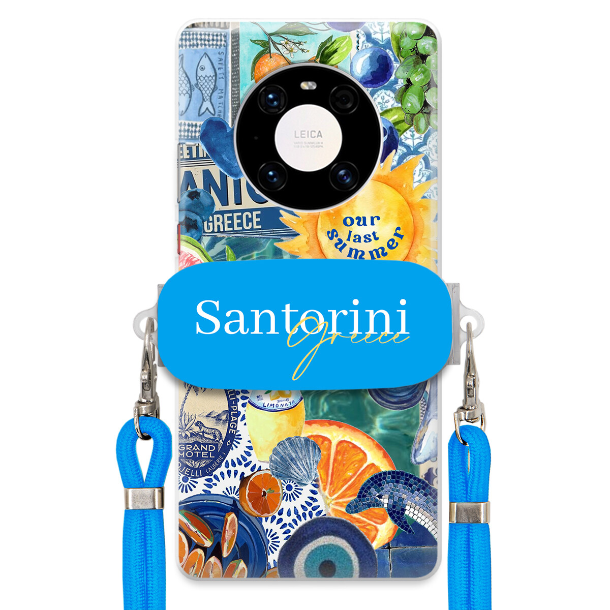 Pouzdro pro Huawei Mate 40 Modré Crossbody vodítko držák Santorini Greece